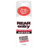 A bottle of "Ona Zee's Rear Entry" external analgesic anal lube, designed for an enjoyable anal experience. The label includes "Numbs Your Most Sensitive Spots" and is a part of "ONA ZEE'S Learning the Ropes B&D series." This 1.7 oz (48 g) bottle effectively desensitizes rectal tissues for comfort.